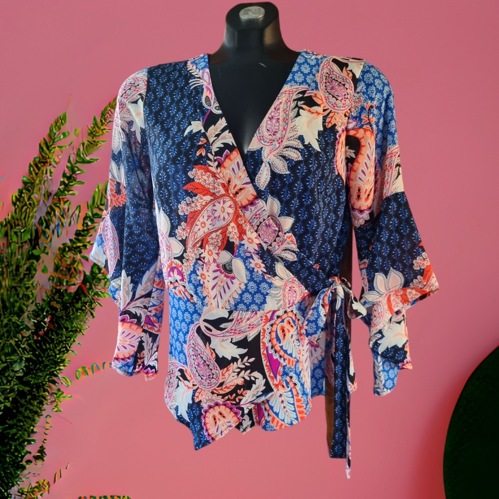 Chenault Flowy Patchwork Wrap Around Floral Blouse.